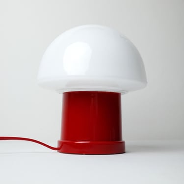 Vintage Massive Belgium Mushroom Lamp – 1970s Space Age Table Lamp with White Glass Shade & Red Plastic Base 