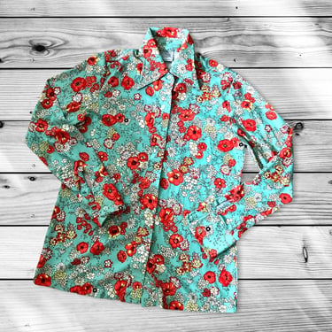 Mid Century 70s Button Up Red Floral Teal Disco Blouse by Sears Perma Prest by LeChalet