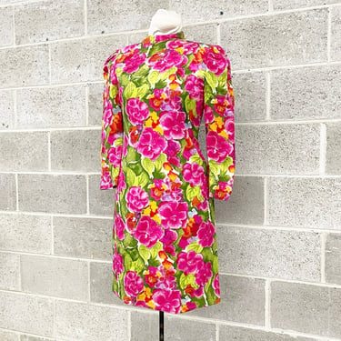 Vintage CH by Carolina Herrera Dress Retro 1980s Saks Fifth Avenue + Floral + Pink and Green + Mini Dress + Size 4 + Silk + Womens Apparel 