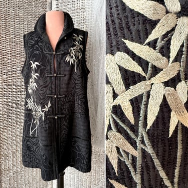 Asian Style Long Vest, Textured Silk, Embroidered Sleeveless Caftan, Kimono Inspired Jacket, Artistic 