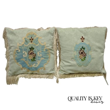 Vintage 17&quot; Green Silk Embroidered Victorian Style Pillow with Fringe - a Pair