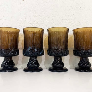 Vintage Fostoria Sorrento Set of 4 Small Glasses Goblet Tiffin Madeira Franciscan Brown Smokey Heavy Glass Bark Pedestal 1960s 