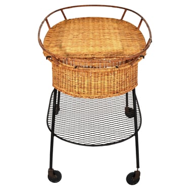 Mid-Century Rattan and Wrought Iron Rolling Bar Cart by Arthur Umanoff 