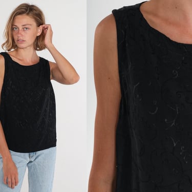 Black Tank Top 90s Embroidered Blouse Sleeveless Shirt Swirl Leaf Vine Print Retro Simple Gothic Party Vintage 1990s Rayon Small Medium 