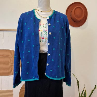 Vintage Portraits Blue & Green Polka Dot Button Front Cotton Cardigan Sweater L 