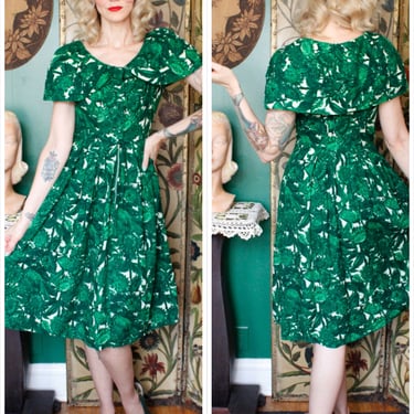 1950s Dress // Bold Green Floral Dress // vintage 50s dress 