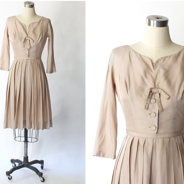 1950s Silk Accordion Pleat Shirtwaist Dress - 50s Vintage Peggy Hunt Day-To-Night Dress - Small 