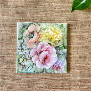 Vintage Floral Hand Painted Accent Tile - Trivet 