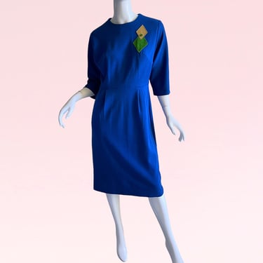 1950s Vintage Mid Century Modern Diamond Dress, Sapphire Woolen Sheath Medium Dress 