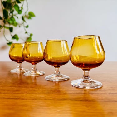 Four Vintage Spanish Finelsa Small Amber Cognac Glasses - Mid Century Glassware - 1960s Barware 