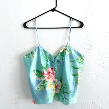 Vintage Silky Baby Blue Tropical Floral Print Tank 