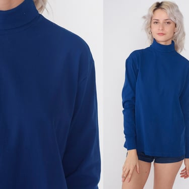 Navy Blue Turtleneck Shirt 70s Long Sleeve Top Basic Funnel Neck Simple Plain Tshirt Mod Retro Layering T-Shirt Solid Vintage 1970s Medium M 