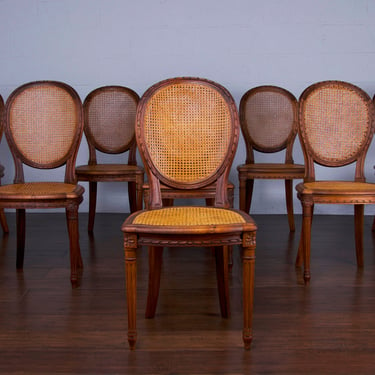 Antique French Louis XVI Style Walnut Caned Dining Chairs - Set of 9 