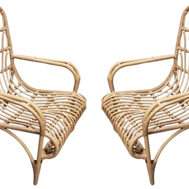Restored Faux Rattan Outdoor Lounge Chair Pair in the style of Franco Albini 
