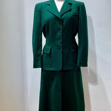 1940's 2 Piece Suit - Deep Green Wool - Cloth Covered Buttons - Shoulder Pads - Front Kick Pleat - Size Medium - 29 Inch Waist 