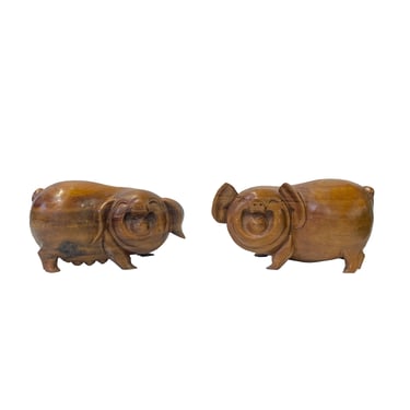 Chinese Pair Natural Wood Carved FengShui Happy Face Piggy Figures ws3794E 