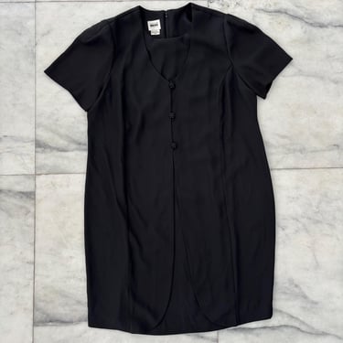 Vintage Leslie Fay Dress Black Short Sleeve Crepe Button Shift Knee Womens 22W 