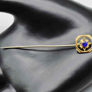 1900's Edwardian faux sapphire gold filled metal stick pin, octagonal rose & yellow GF blue paste hat lapel pin 