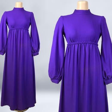 VINTAGE 60s Purple Bishop Sleeve Empire Waist Maxi Dress | 1960s Long Sleeve Hostess Gown | Vintage Formal Party Dress | VFG 