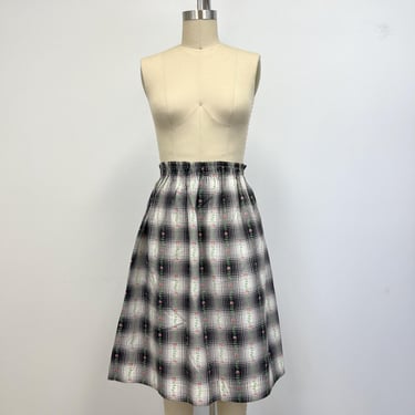 Vintage 1950s Skirt with Roses | Black and White Plaid | Elastic Waist | Size Medium 