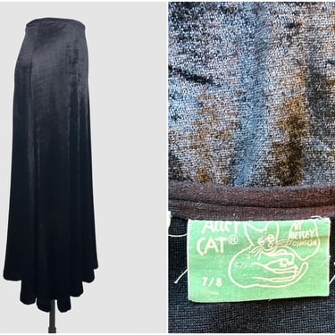 ALLEY CAT by Betsey Johnson Vintage 70s Black Velvet Maxi Skirt | 1970s Vintage Designer, Goth Punk Hippie Witchy | Size Small 