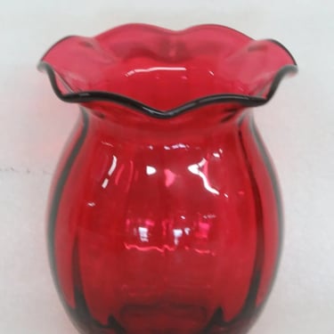 Fenton Style Cranberry Red Glass Ruffled Rim Ribbed Rose Small Vase 3392B