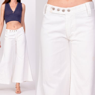 70s White Low Rise Bell Bottoms - Extra Small | Vintage Cotton Retro Hippie Flared Pants Sailor Jeans 