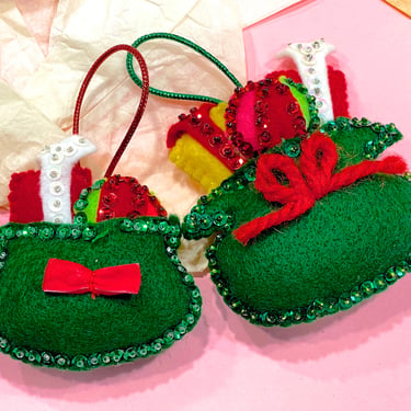 VINTAGE: 2pcs - Felt Beaded Sequin Bag with Gifts Ornaments - Pillow Ornamenta - Christmas - Holidays - Pillow Ornament 