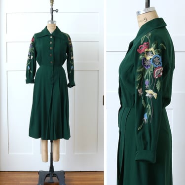 vintage 1930s ~ 1940s green wool dress • floral crewel embroidery puff sleeve day dress 