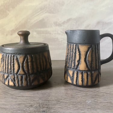 Vintage Studio Pottery carved Stoneware, Mid Century Modern Sugar and Creamer set 