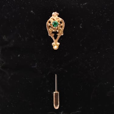 40's Victorian style gold plate faux emerald & pearl stick pin, ornate floral lapel hat pin 