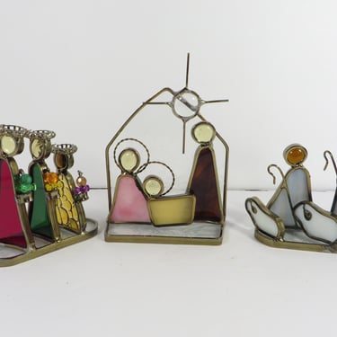 Vintage Stained Glass Nativity Christmas Creche Set 