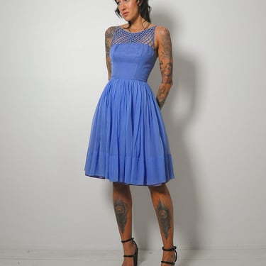 1950's Blue Lattice Chiffon Dress