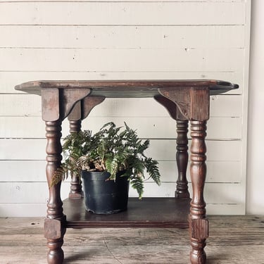 Small Rustic Dark Wood Table with Lower Shelf Wooden End Table Spindle Leg Shelf Small Unpainted Side Table Plant Stand Nightstand Vintage 