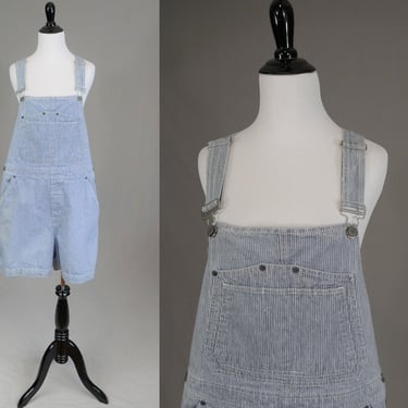 90s Denim Shorts Overalls - Blue White Stripes - Cotton Jean Carpenter Bib Shortalls - Bill Blass Jeans - Vintage 1990s - XL 