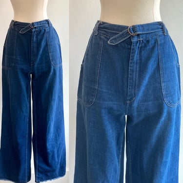 Vintage 80s DENIM Jeans / High Waist + Full Wide Leg + Self Belt + Deep Front Pockets 