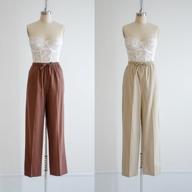 brown linen pants | 90s y2k vintage beige dark brown elastic waist straight leg linen pants 