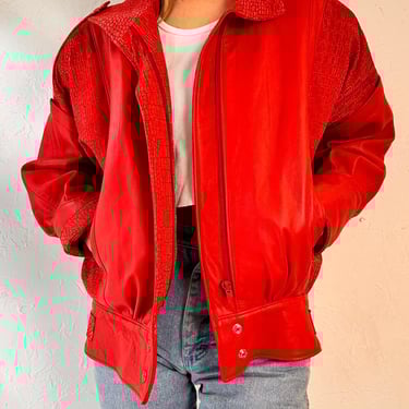 Vintage 80s Suede Leather Jacket Red Black Color Block