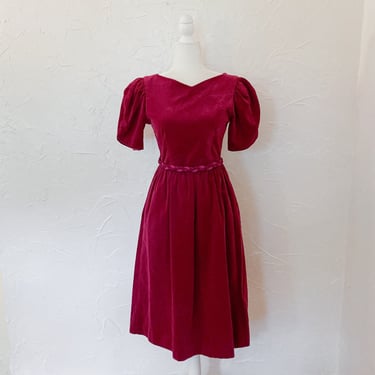 80s Lanz Cotton Velveteen Magenta Pink Puff Sleeve Dress with Braided Belt | Small 
