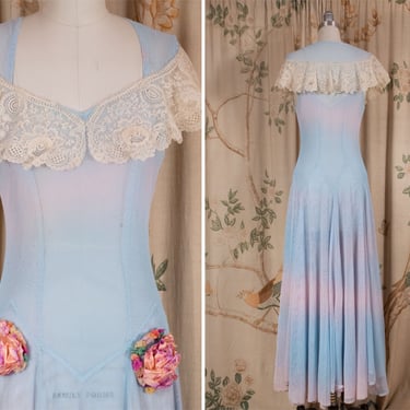 Vintage 1930s Dress - Delightful Summer Ombre Silk Net Ethereal Pink and Blue Tattered Elegance with Handtied Flowers As Is 