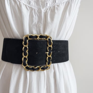 wide black leather belt 80s 90s vintage suede gold chain statement belt 