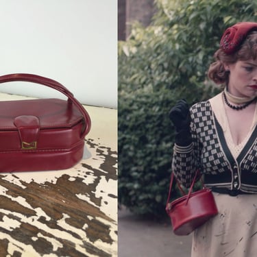 Lucy's Lonely Strolls - Vintage 1950s Oxblood Burgundy Faux Leather Octagon Coffin Box Handbag Purse 