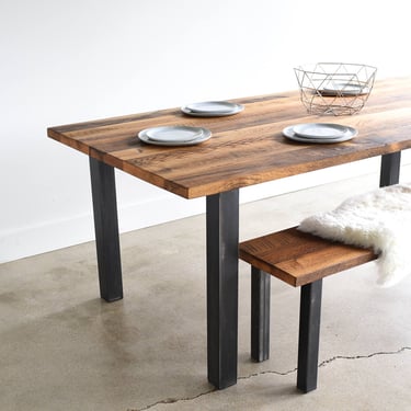 Quick Ship Reclaimed Wood Dining Table / Industrial Post Metal Legs / Farmhouse Kitchen Table 