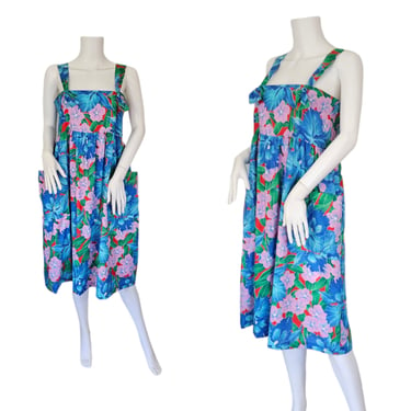 1980's Blue Tropical Floral Print Shift Dress I Sz Lrg I Pockets I Elegant 