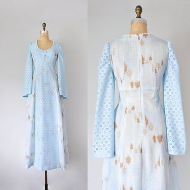 Raelene 1970s cottagecore eyelet prairie dress, tree print boho maxi dress, 70s dress, hippie blue dress, eyelet corset dress, plus size 