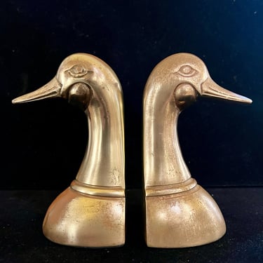 Vintage Brass Duck Head Bookends, Hollywood Regency Golden