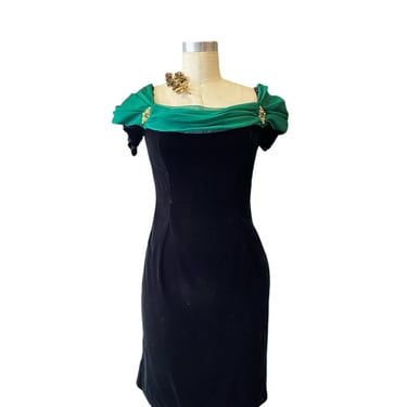 vintage 1980s black velvet cocktail dress with green chiffon sash, scott mcclintock, size small, holiday formal, 80s fashion, 27 