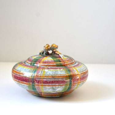 Mid-Century Italian Pottery Covered Bowl with Lid  in Gold, Green, Red Plaid - Raymor, Bitossi 