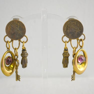 1990s French Coin Dangle Clip Earrings 