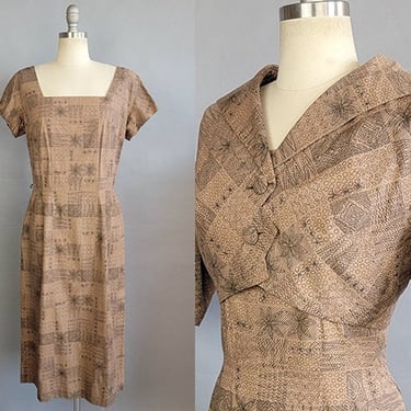 1950s Tiki Dress / 1950s Brown Cotton Dress Set with Abstract Tiki Print and Matching Jacket by De De Johnson / Size Medium - Large 